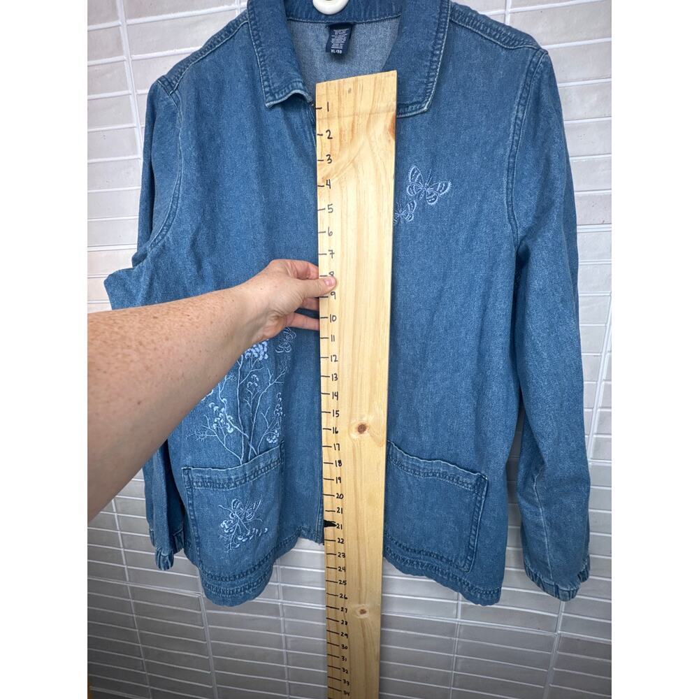 Vintage Basic Editions Denim Full Zip Shift Dress Embroidered Flowers Sz Large - Picture 3 of 6